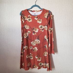Velvety Orange Cold Shoulder Flower Dress